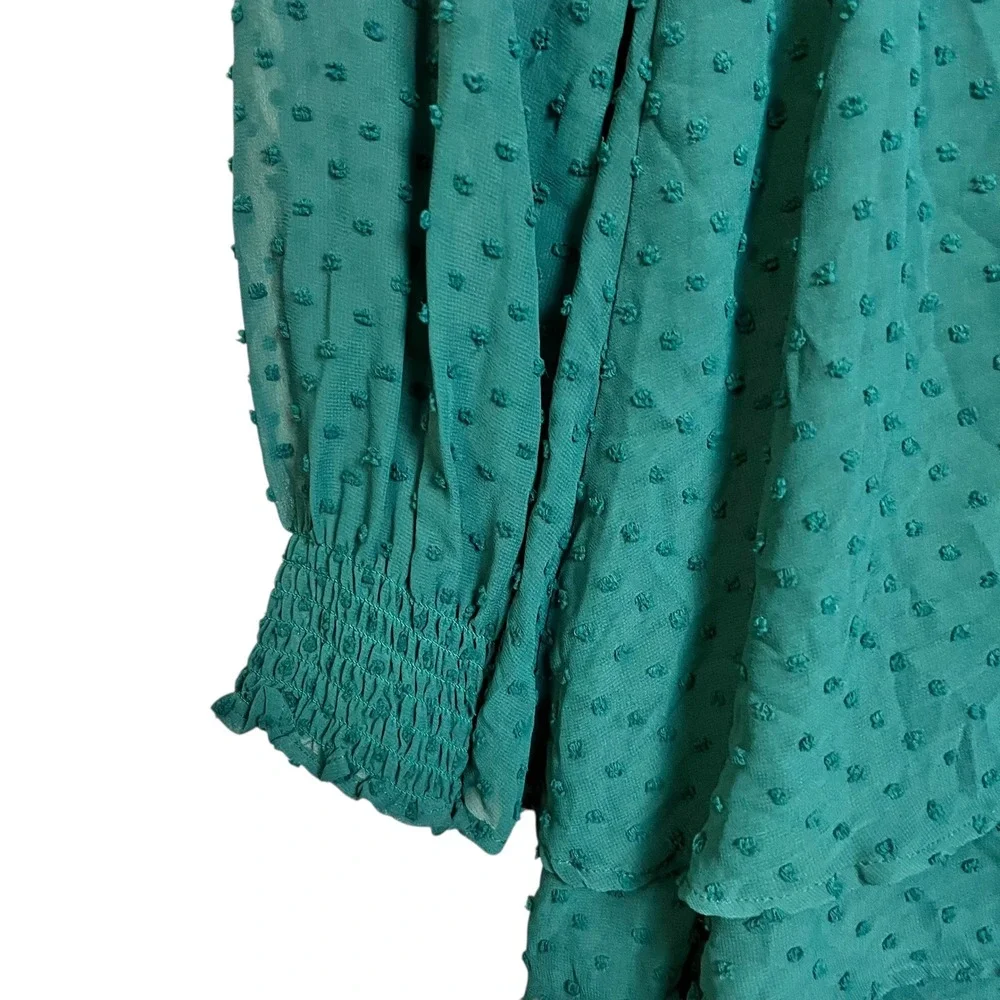 Honey & Rosie Green Swiss Dot Tiered Ruffle Long Sleeve V Neck Dress Size M‎